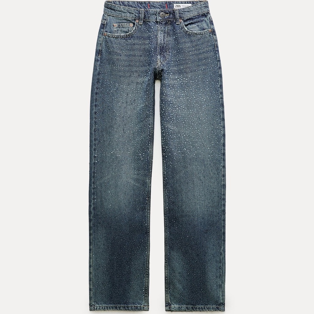STRAIGHT CUT MID RISE RHINESTONE JEANS ZW COLLECTION